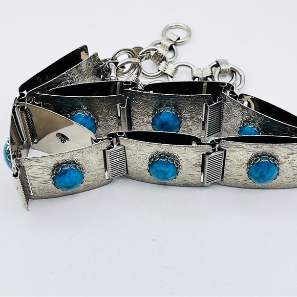 Vintage Faux Turquoise Square Concho Silver Tone Link Belt 27-34 - Picture 3 of 6